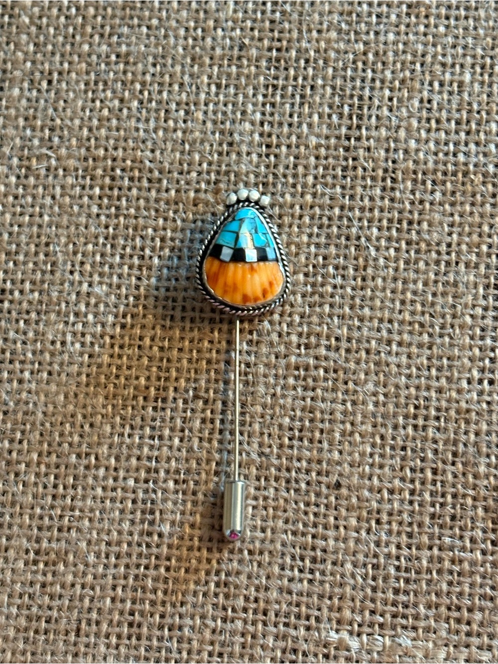 Vintage Angie Owen mosaic inlay stickpin made with turquoise and orange shell